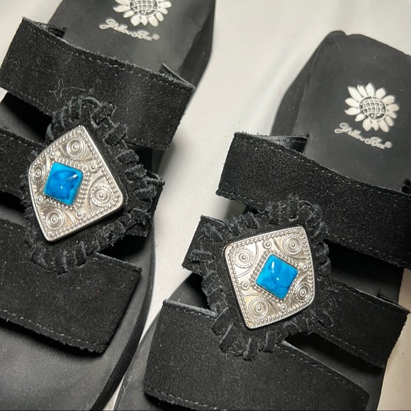 Yellow Box Black Suede Platform Slip-On Sandals with Turquoise and Silver Accent - Picture 3 of 12